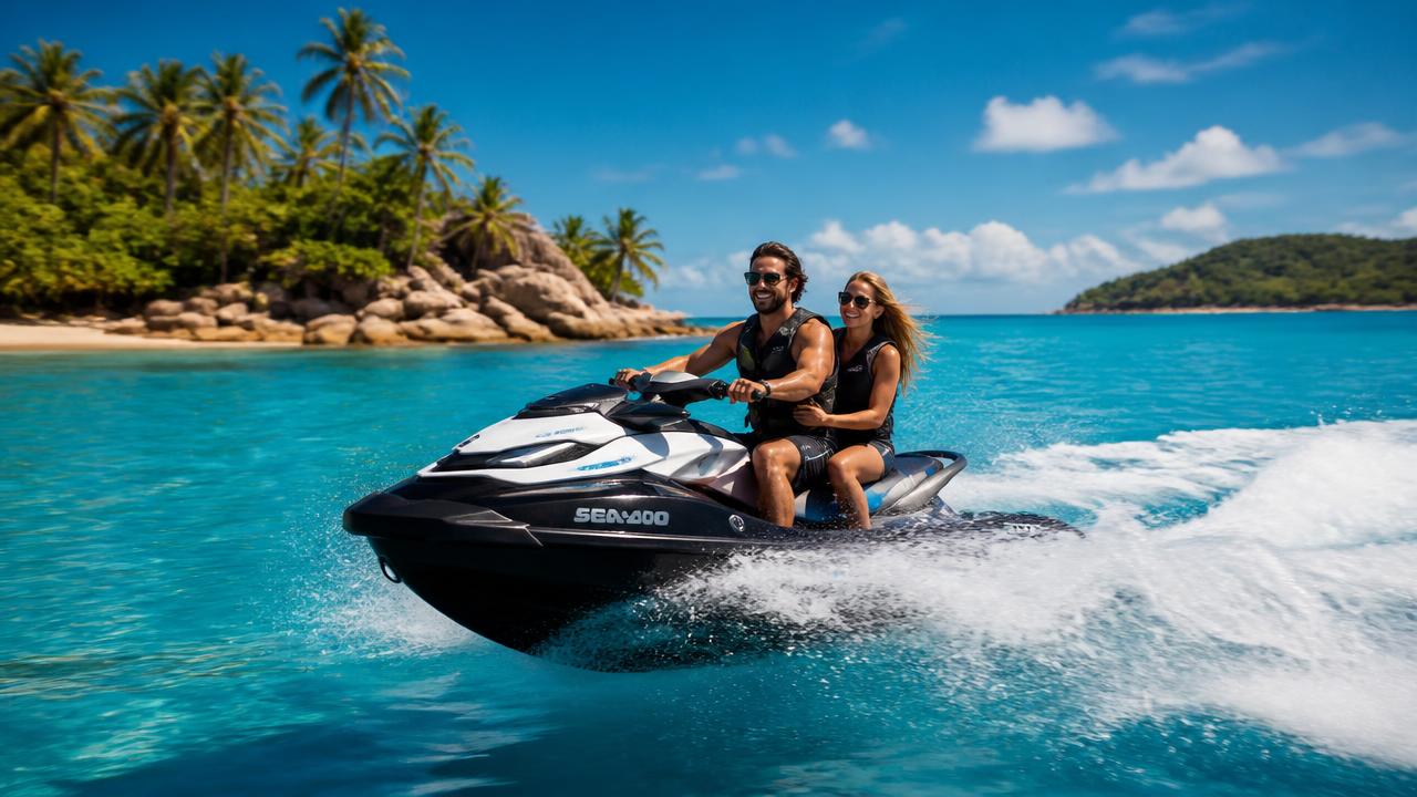 Couple riding a jet ski across bright blue tropical water