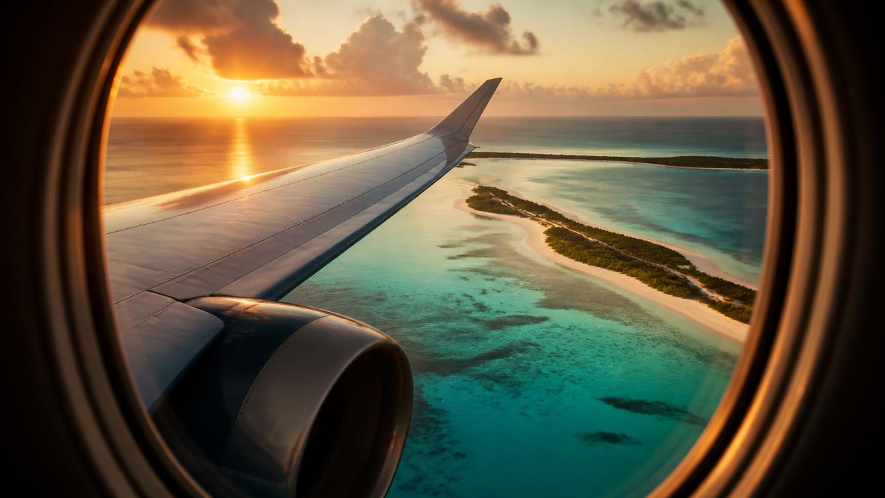 Aerial view from a private jet window over turquoise tropical islands at sunset